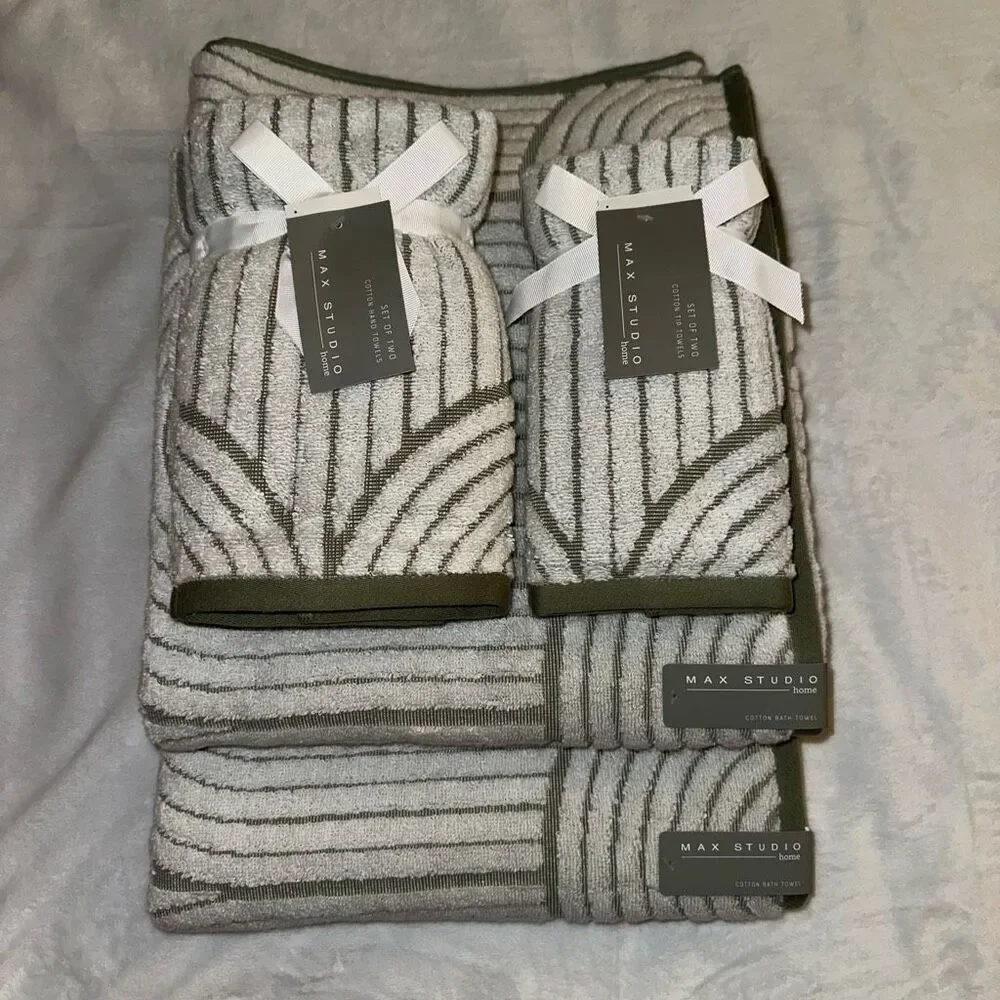Max Studio Bath Towel Set Sage Green White Abstract 6 Pieces NWT